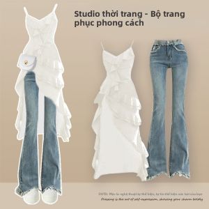 Bộ Đầm Dây Voan Trắng Nhẹ Nhàng và Quần Jeans Xòe Cao Waist Mùa Hè Kích Thước Lớn