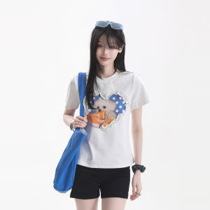 zuocisankon | Áo Thun Tay Ngắn Màu Trắng Phong Cách Retro Có Họa Tiết Chó Sóc