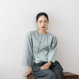 Casual Loose Fit Long Sleeve Pure Color Shirt with Slanting Button Design And Frayed Edge for Summer Cool Sensation Womens Fashion