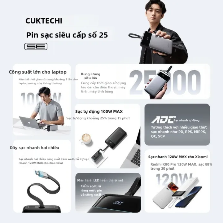 CUKTECH | Sạc dự phòng CUKTECH 25 SE 25000mAh - Công suất 120W, Sạc nhanh 2 chiều 100W, Màn hình LED | BigBuy360 - bigbuy360.vn