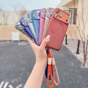 Luxury Lanyard Flip Full Lens Protection Stand Phone Case For iPhone 17 16 15 14 13 12 Pro Max For Magsafe Wireless Charge Cover