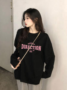 Pure Cotton Long Sleeve T-Shirt Womens Base Layer Shirt Cold Tone Unique Top Korean Style round Neck Print Element Autumn Wear