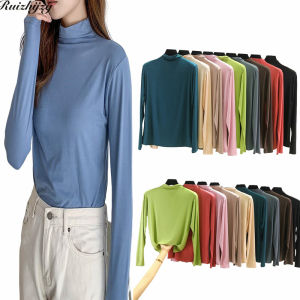 Ruizhijzg Ready Stock Modal Cotton long sleeve High Neck Tops For Women Casual Solid Color T Shirt Blouse High Neck Muslim Turtle Neck Tops Inner Wear  Korean Turtle Neck Work Office Women Clothing Plus Size Plain Color Shirts
