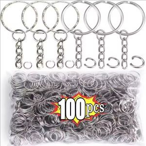 100/200/300pcs Silver Plated Metal Blank Keyring / Split Key Ring with Short Chain / DIY Craft Key Chains Accessories for Jewelry Making