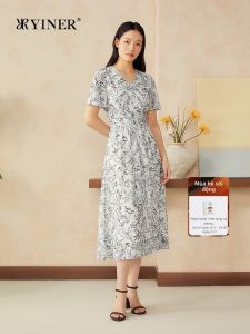 Đầm Cổ V Éo Cao In Hoa Quả Đào Kiểu Trung Quốc Mới