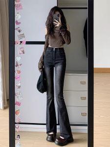High Waist Flared Jeans Womens Spring Autumn New Style Elastic Horse Hoof Wide Leg Pants Cotton Stretch Denim Slimming Effect