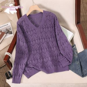 Womens Knitwear Fashion New V-neck Long Sleeve Hollow Sweater Knitwear Loose Solid Color Bottom Top