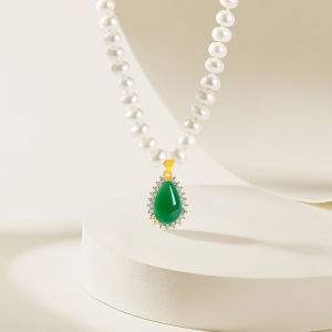 ZHOU LIU FU 周六福 S925 Sterling Silver Freshwater Pearls Necklace Natural Green Chalcedony Teardrop Pendant Elegant Gemstone Jewelry for Women 45CM X0615478