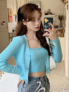 V Neck Spring and Summer Wear New Arrival Knitting Sun Protection Shirt Strappy Cardigan Two-piece Set Green Tops Stylish Female Niche Style