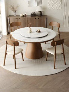 French Style round Rock Table Small Household Living Room with Turntable New 2025 Solid Wood Dining Table And Chair Combination