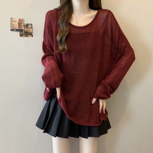 เสื้อสเวตเตอร์ถักแขนยาวผู้หญิงฤดูใบไม้ผลิและฤดูใบไม้ร่วง ทรงหลวม คอกลม สีแดง เสื้อผ้าทำงาน แฟชั่นฤดูใบไม้ร่วง