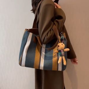 1pc Striped & Color Block Canvas Tote Bag With Large Capacity Suitable For School And Daily Use