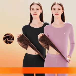 miiow | Thickened Fleece Warm Underwear Set For Women Wool Silk Winter Proof Base Layer Long Sleeve Round Neck Pure Color Polyester Fiber