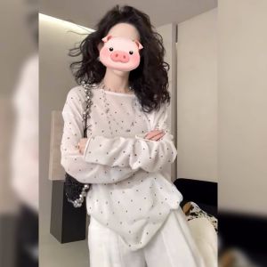 Áo thun nữ BINKAFENNY tay dài màu xanh tím dáng rộng thoáng khí chấm bi