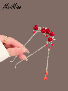 เข็มขัดผมรูปดอกกุหลาบสีแดงสไตล์ย้อนยุคสำหรับผู้หญิง เครื่องประดับผมสไตล์จีนโบราณ เครื่องประดับผมแบบ U โลหะ สำหรับผู้หญิง