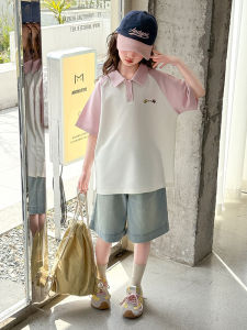 Girls Summer Outfit Cartoon Short Sleeve Lightweight Denim Loose Two-Piece Set Breathable Cotton Blend Casual Childrens Ensemble