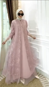 Gamis Brokat Mewah Terbaru Lydia Dres Tille Mix Brukat Full Puring Aplikasi Payet Mutiara M L XL XXL 3XL Dress Kondangan Wanita Jumbo Busui Friendly Baju Muslimah Remaja Kekinian Ootd Hijab Outfit Seragaman Keluarga Warna Dusty Burgundy Mahogany Hitam