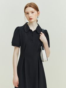Vivian Fan Polo Collar Short Sleeve Commute Dress Womens X-Shaped Slimming Skirt A-Line Midi Dress Summer Cotton Polyester