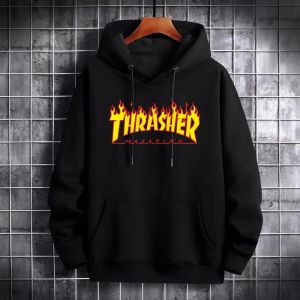 Hoodie Thrasher Magazine Hitam Api Streetwear Kekinian Pria Wanita