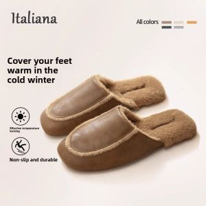 MONLEYTA | Italian Style Men Women Slippers Home Indoor Anti-Slip Warm Cotton Slippers For Autumn Winter Comfortable Leather Splicing Couples Slippers