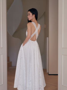 Pure Desire White Embroidered Lace Backless Crossed Waist Dress Womens Summer Beach Vacation Style Long Skirt Korean High Waist Cotton Gown