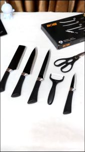 Pisau Set Dapur Stainless Tajam Hitam / 6 in 1 Pisau Set Talenan