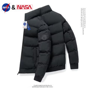 NASA Collaborative Mens down Cotton Jacket Lightweight Short Bread Style Warmth Autumn Winter Stand Collar Coat Slim Fit