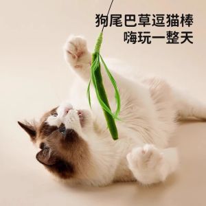 Interactive Cat Toy Realistic Dog Tail Grass Teaser Stick Doll Cat Long Pole Durable Feather Toy for Cats to Play And Have Fun