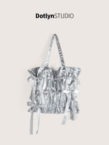 Dotlyn2025 Sweet Butterfly Knot Handbag Large Capacity Silver Crease Womens Underarm Bag Casual Tote Bag Korean Style PU Leather