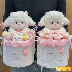 Cute Sheep Plush Doll Bouquet Best Friend Birthday Gift Animal Figure Stuffed Toy Lamb Flower Arrangement Bunga Hadiah