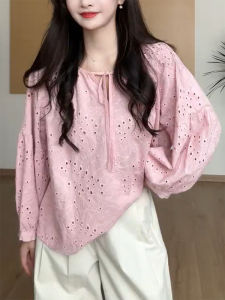 QINGNAER | Korean Style New Plus Size Blouse Sweet Casual Pink Lace Hollow-out Tie Shirt