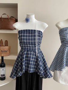 French Lace Trim off Shoulder Shirt Vest Women Summer Gingham Print Bell Sleeve Top Korean Style Slim Fit Commute Wind Blouse