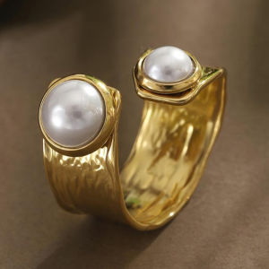 Huitan Special Design Women Gold Color Ring Royal Wedding Party Imitation Pearl Accessories Versatile Metal Jewelry for Daily