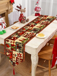 183*33cm Checkered Christmas Table Runner Poinsettia & Snowflake Printed Linen Table Cloth Elegant Christma Wreath Design Christmas Table Decor Xmas 2026 Decor Christmas Decorations for Home