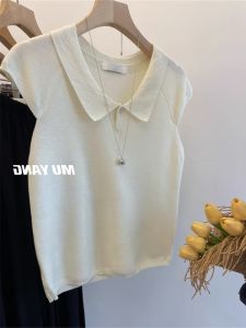 Áo Thun Polo Dệt Kim Màu Trắng Cho Nữ Mùa Hè Tay Ngắn Vai Áo Thun Cổ Polo Tay Lỡ Thiết Kế Ngắn Cảm Giác Thời Trang