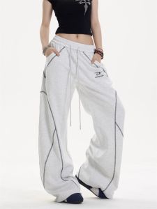 American Style Vintage Line Sport Sweatpants Loose Straight Leg Pants for Men And Women Heavyweight Casual Fashionable Wide Leg