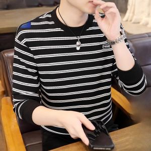 ROMON | Lormen Mens Striped Fleece Lined Long Sleeve T-Shirt Round Neck Casual Style Autumn Winter Fashion Urban Coastal Shirt