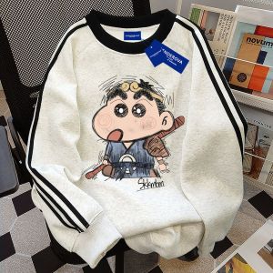 American Style Fleece Lined round Neck Sweatshirt Vintage Print Three Stripe Mens Loose Fit Autumn Winter Casual Top