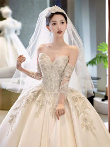 Elegant Satin Bridal Gown Simple French Style Outing Veil High Quality Feel Strapless Wedding Dress for Brides