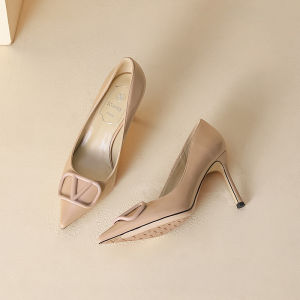 Nude High Heels Womens Spring 2025 New French Lady Personality V-Home Genuine Leather Pointed Toe Thin Heel Commuting Single Shoes