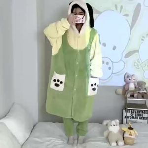 Pokemon Coral Velvet Pajamas Womens Autumn and Winter Cute Fleece-Lined Thick Bathrobe Nightgown Long Flannel Home Wear Suit