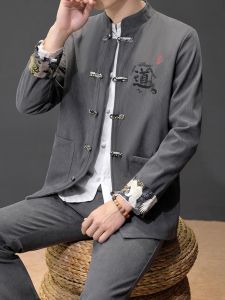 Spring and Autumn Corduroy Jacket Mens Trendy K-style Handsome Stand-up Collar Chinese Style Frog Long Sleeve Casual Sports Two-piece Set