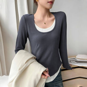 Áo Thun Cotton Dài Tay Nữ Mùa Xuân Thu Cổ Chữ U Thường Ngày Tay Dài Hai Mảnh Giả Thời Trang Hợp Thời Trang
