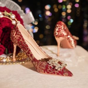 Giày Cưới Màu Đỏ Cho Nữ Giày Cao Gót Thanh Lịch Mùa Xuân 2024 Giày Cưới Nhỏ Giày Cưới Kiểu Trung Quốc Giày Đế Bằng Mũi Nhọn