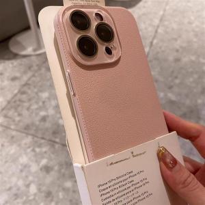Apple 16Promax iPhone 15 Litchi Pattern Small View Window Selfie Cover with Lens Film 12 Premium Solid Color 11 Internet Celebrity Couple 13Pro New Model 14Pro Popular Phone Case