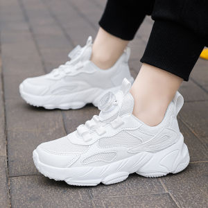 White Sports Shoes for Children with Rotating Buckles Waterproof Ultrafiber Leather Student Shoes for Boys Girls Teens