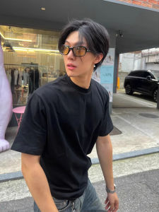 Cleanfit American Style Black Short Sleeve Summer Cotton T-Shirt for Men Fashionable Shoulder Line round Neck Pure Color Tee