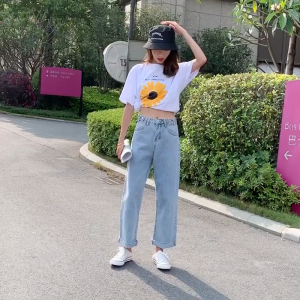 High waist jeans womens loose wide leg pants available in two colors fabric comfortable and breathable