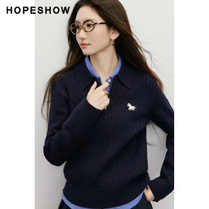HOPESHOW | Retro Knitted Wooden Embroidery Polo Neck Womens Top