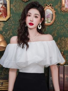 Casual French Style White Womens Shirt with Ruffled Details and Sleeveless Design for Summer High Waist and Short Length